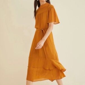 AMOUR VERT onie midi dress marigold flutter sleeve mockneck made in usa size M